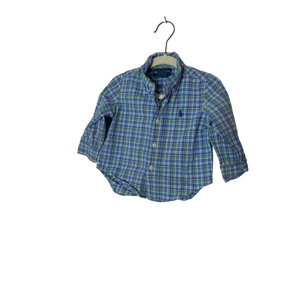 Ralph Lauren Shirt Boys 9-12 Months Blue Green Plaid Button Up Long Sleeve‎ Top